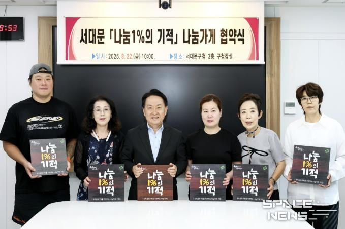 ‘서대문 나눔1%의 기적’ 나눔가게 협약식에서 이성헌 구청장(왼쪽 세 번째)과 참여 업체 대표들이 현판을 들고 기념 촬영을 하고 있다.