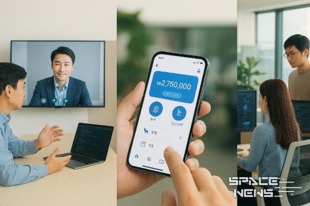 베트남 엔지니어 팀이 한국 고객사와 온라인으로 협업하고, 베트남 기업이 개발한 핀테크 앱이 휴대폰에 표시되며, 베트남의 기술 지원을 받는 한국 스타트업의 사무실 모습이다. (출처: OpenAI 챗GPT)