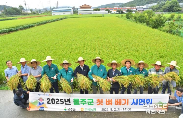 울산 울주군이 2일 두북농협 RPC 육묘장에서 이순걸 군수와 울주군의회 경제건설위원회 이상걸 위원장 및 군의원, 지역 농업인 등이 참석한 가운데 올해 첫 벼 수확 기념식을 가졌다.