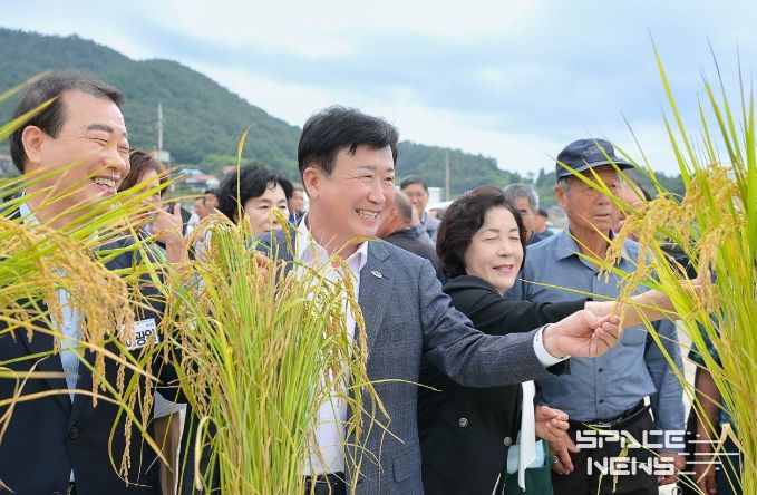 벼 수확을 앞두고 지난 24일 소라면 대곡마을에서 ‘2025년 벼농사 종합평가회’를 열었다.