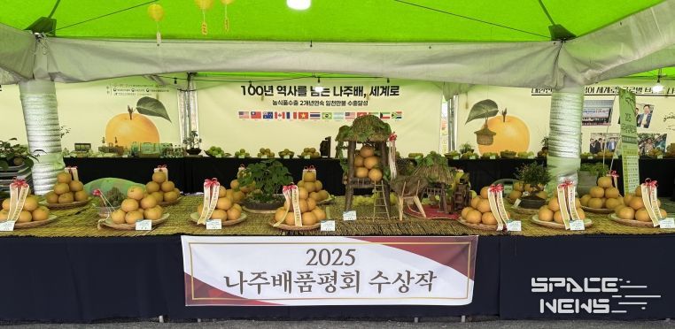 ‘나주농업페스타’ 현장에서 ‘나주배 품평회’ 수상작을 전시 부스를 통해 방문객들에게 선보이고 있다.