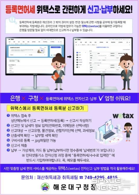 부산 해운대구, 등록면허세 위택스 전자신고·납부 적극 안내