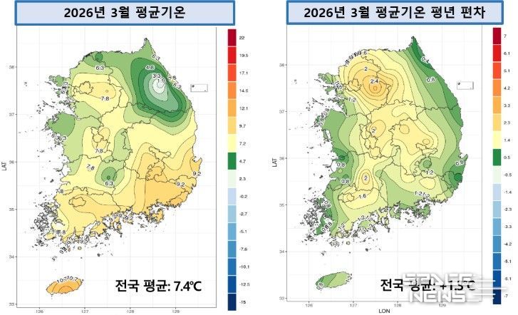 2026년 3월 전국 평균기온 및 평년 대비 편차 분포도